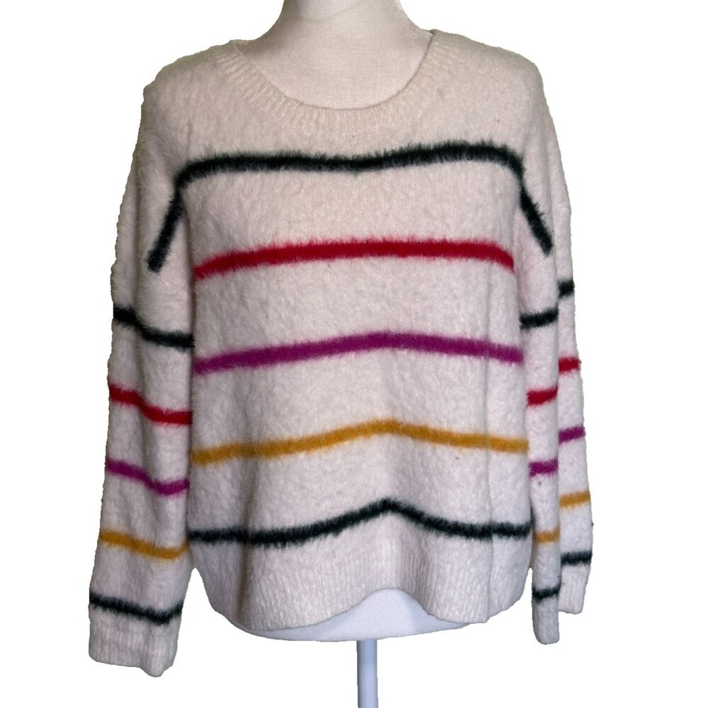 Dreamers Women's Cozy Soft Retro Rainbow Stripes Fuzzy Knit Sweater Size XL